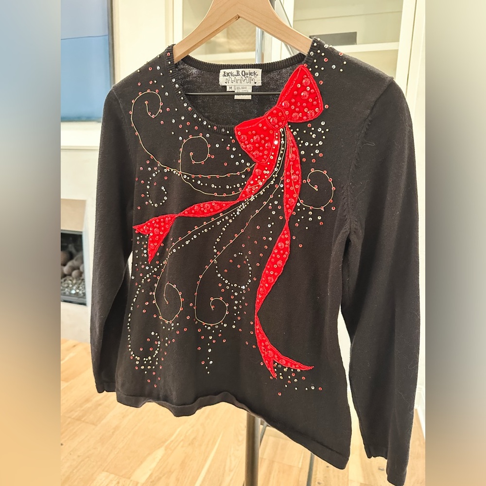 Vintage Rare Find! Jack B. Quick Black Beaded Bow Holiday Sweater